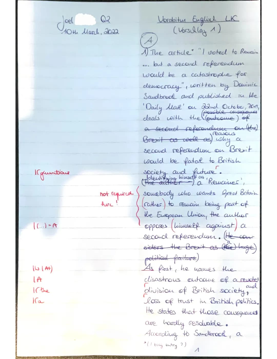 LK Englisch Q2 (
10th March, 2022
Vorabiturklausur
Vorabitur: Vorschlag 1
Thema: Modern Britain
Teil A: Schreiben und Leseverstehen (integri