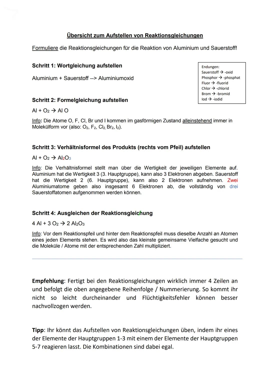 Übersicht zum Aufstellen von Reaktionsgleichungen
Formuliere die Reaktionsgleichungen für die Reaktion von Aluminium und Sauerstoff!
Schritt
