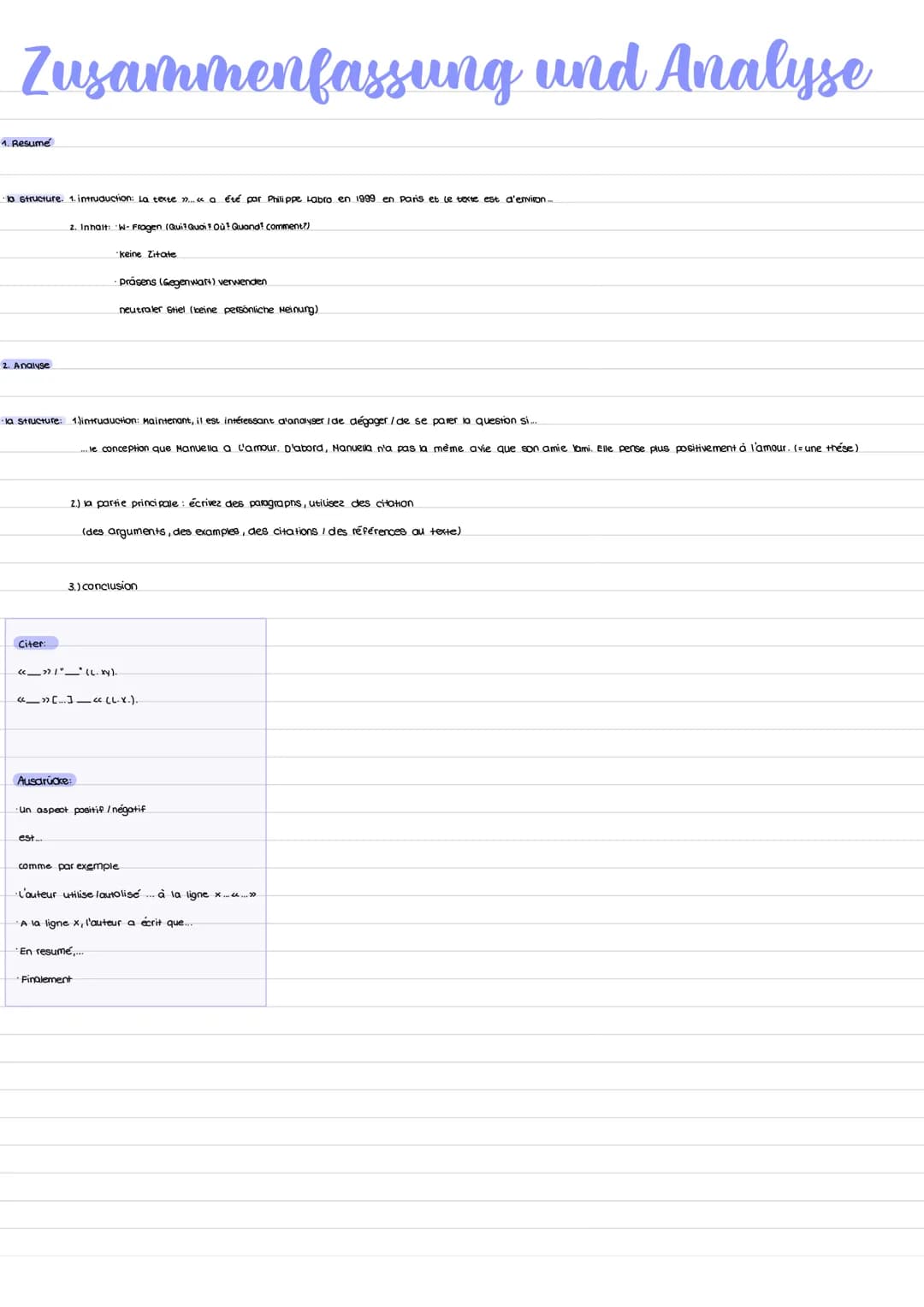 Zusammenfassung und Analyse
1. Resumé
·la structure. 1. intruduction: La texte ...« a été par Philippe Labro en 1999 en paris et le texte es