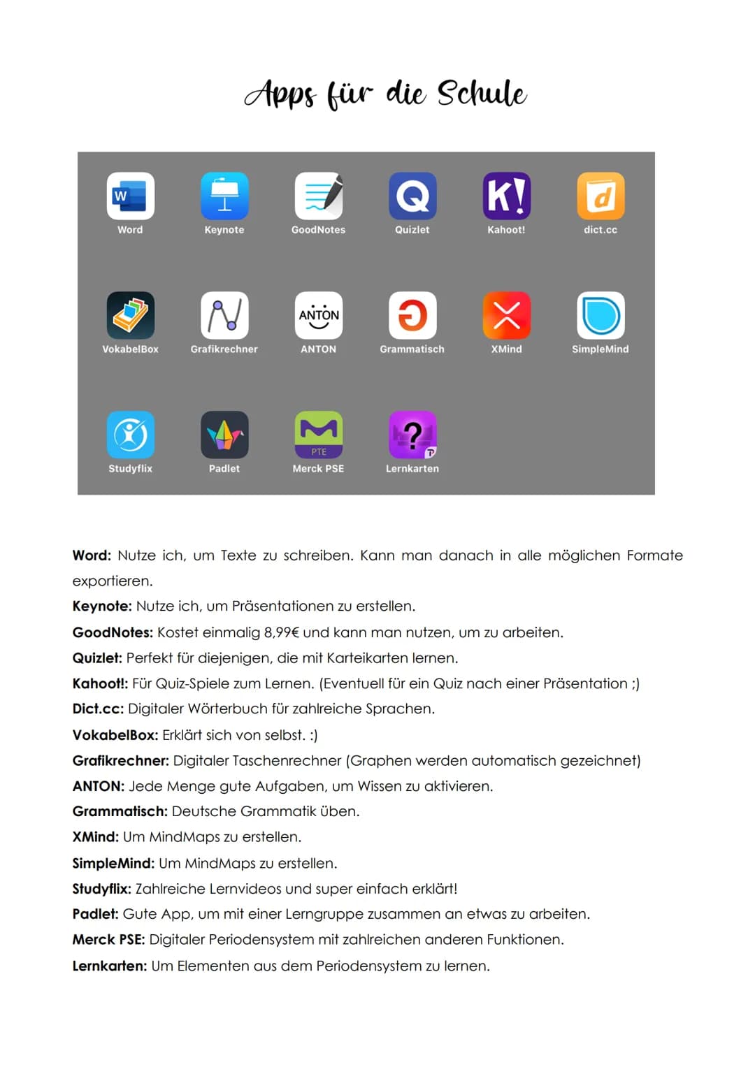 W
Word
VokabelBox
Studyflix
Keynote
Apps für die Schule
Grafikrechner
Padlet
GoodNotes
ANTON
ANTON
PTE
Merck PSE
Quizlet
อ
Grammatisch
P
Ler
