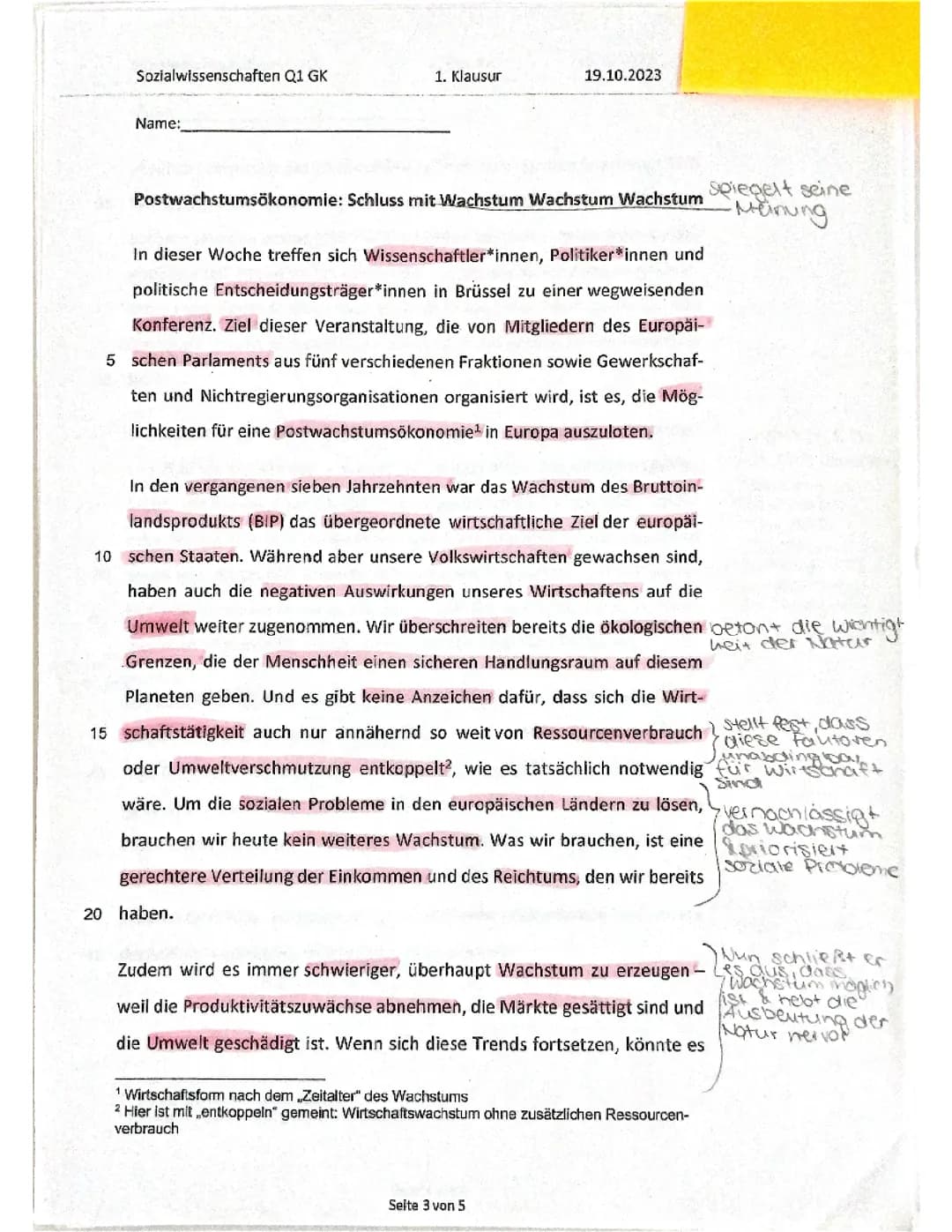 13 Punkte SoWi Klausur GK Q1 Wirtschaft