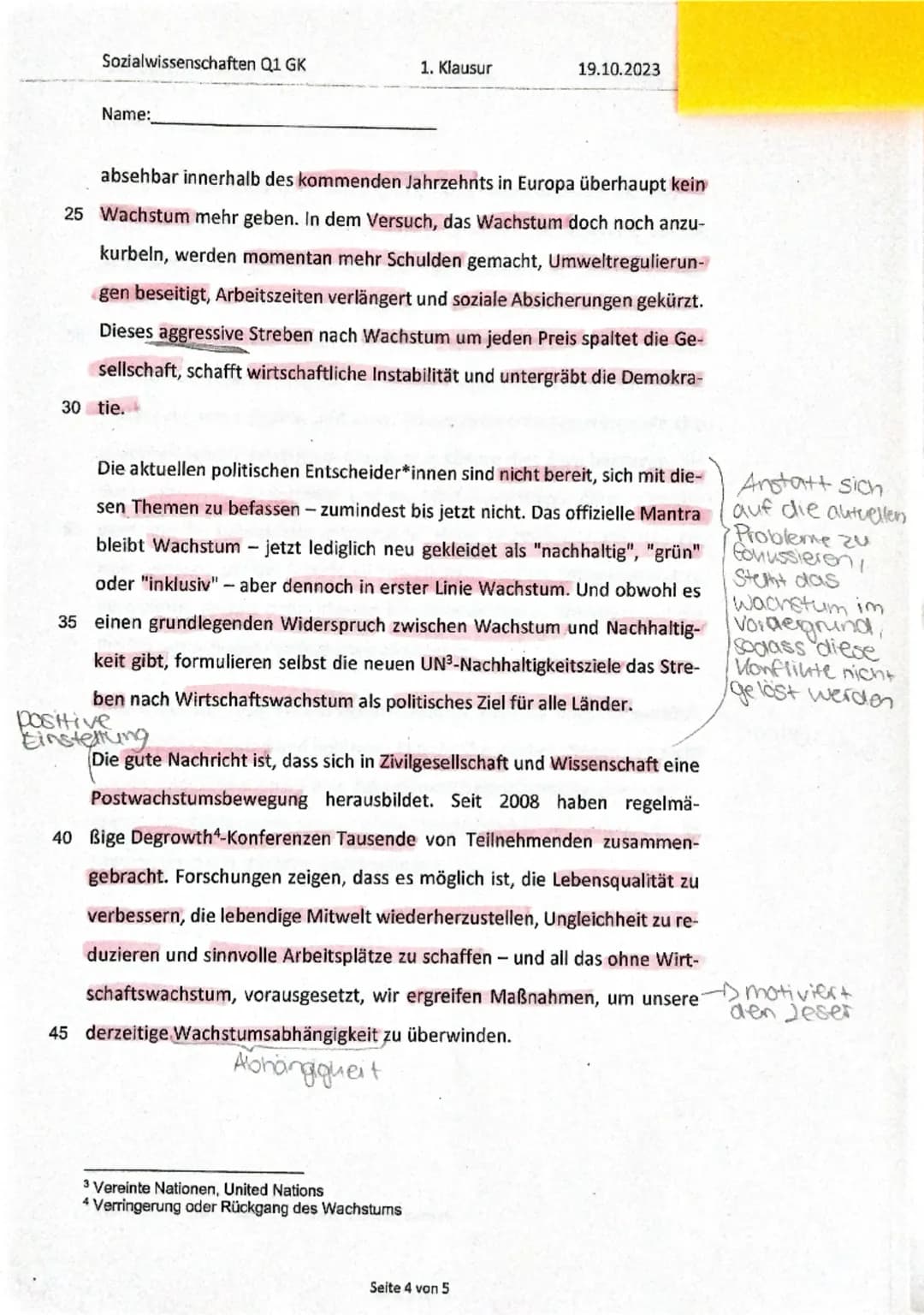 Sozialwissenschaften Q1 GK
1. Klausur
19.10.2023
Name:
Postwachstumsökonomie: Schluss mit Wachstum Wachstum Wachstum Spiegelt seine
Menung
I