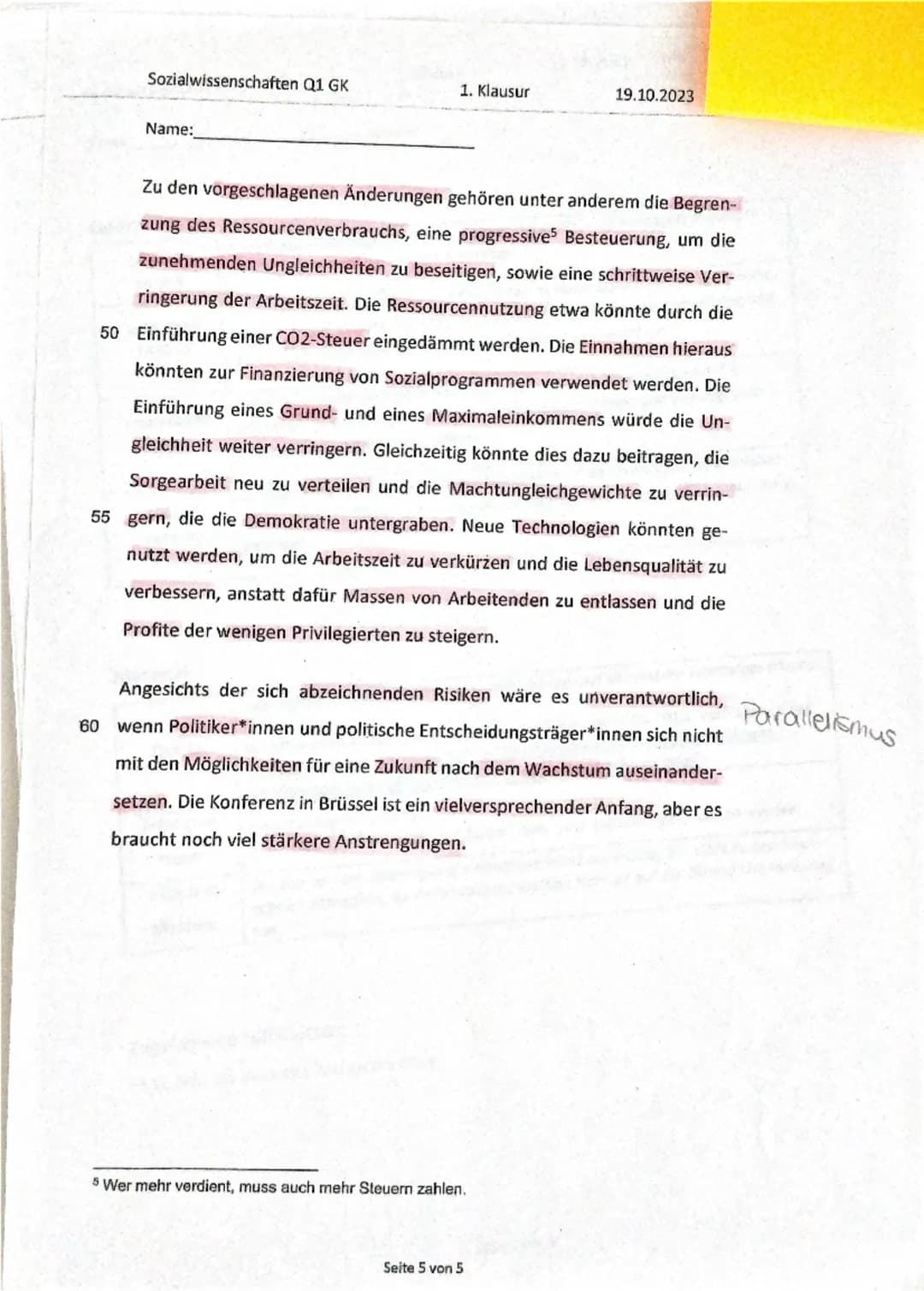 Sozialwissenschaften Q1 GK
1. Klausur
19.10.2023
Name:
Postwachstumsökonomie: Schluss mit Wachstum Wachstum Wachstum Spiegelt seine
Menung
I