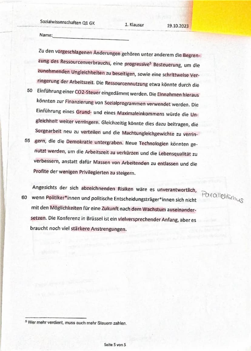 Sozialwissenschaften Q1 GK
1. Klausur
19.10.2023
Name:
Postwachstumsökonomie: Schluss mit Wachstum Wachstum Wachstum Spiegelt seine
Menung
I