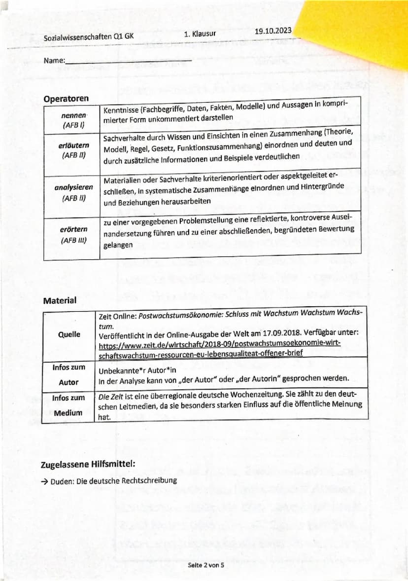 Sozialwissenschaften Q1 GK
1. Klausur
19.10.2023
Name:
Postwachstumsökonomie: Schluss mit Wachstum Wachstum Wachstum Spiegelt seine
Menung
I