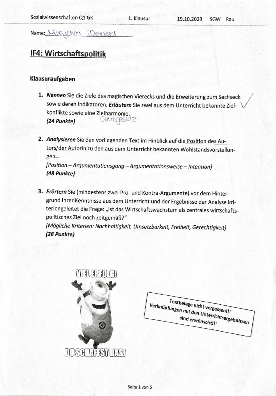Sozialwissenschaften Q1 GK
1. Klausur
19.10.2023
Name:
Postwachstumsökonomie: Schluss mit Wachstum Wachstum Wachstum Spiegelt seine
Menung
I