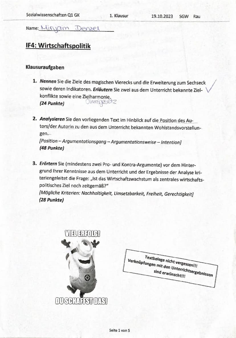 Sozialwissenschaften Q1 GK
1. Klausur
19.10.2023
Name:
Postwachstumsökonomie: Schluss mit Wachstum Wachstum Wachstum Spiegelt seine
Menung
I