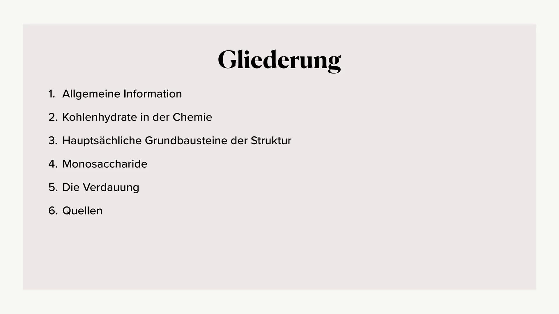 Kohlenhydrate
20.10.2021 Von: Lilli, Jaqueline und Asmen Gliederung
1. Allgemeine Information
2. Kohlenhydrate in der Chemie
3. Hauptsächlic