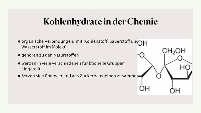 Kohlenhydrate
20.10.2021 Von: Lilli, Jaqueline und Asmen Gliederung
1. Allgemeine Information
2. Kohlenhydrate in der Chemie
3. Hauptsächlic