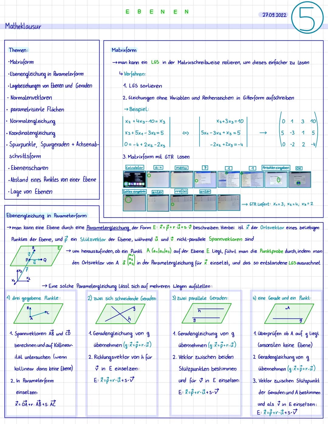 Matheklausur
Themen:
-Matrixform
-Ebenengleichung in Parameterform
•Lagebeziehungen von Ebenen und Geraden
• Normalenvektoren
parametrisiert