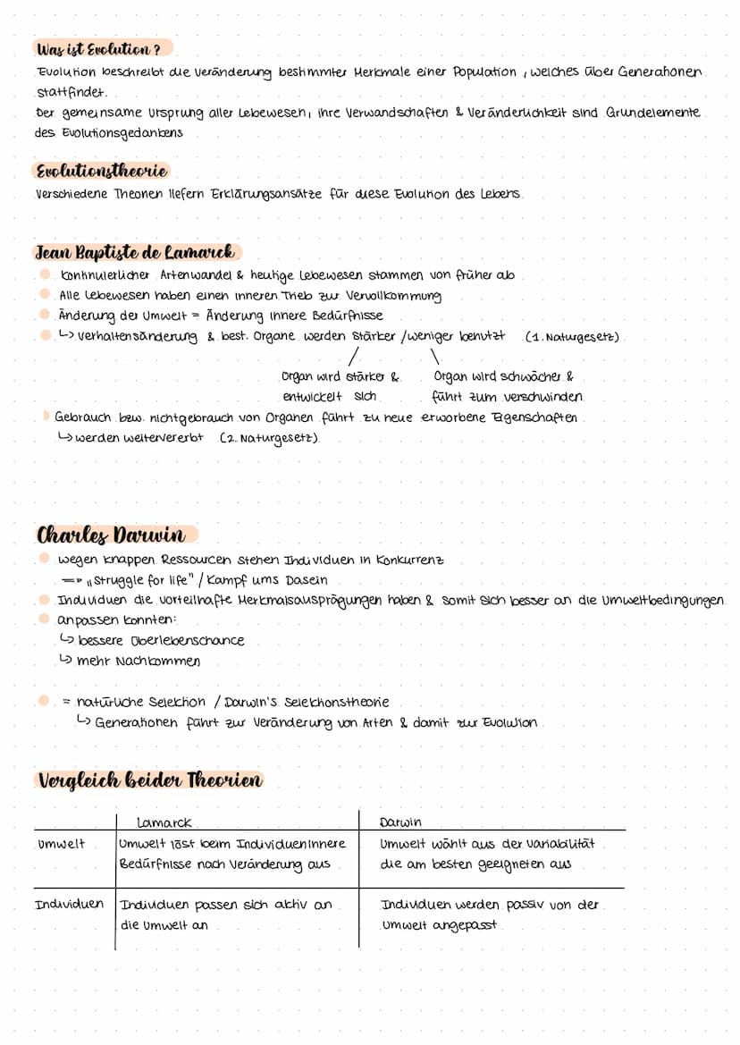 Evolution
Grundkurs Evoluhonstheorien
Charle Darwin's Evolutionstheone
Jean Bapiste de Lamarck's Evolutionstheorie.
Vergleich der beiden The