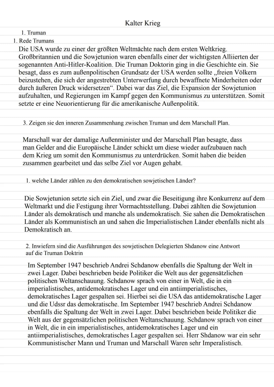 1. Truman
1. Rede Trumans
Kalter Krieg
Die USA wurde zu einer der größten Weltmächte nach dem ersten Weltkrieg.
Großbritannien und die Sowje