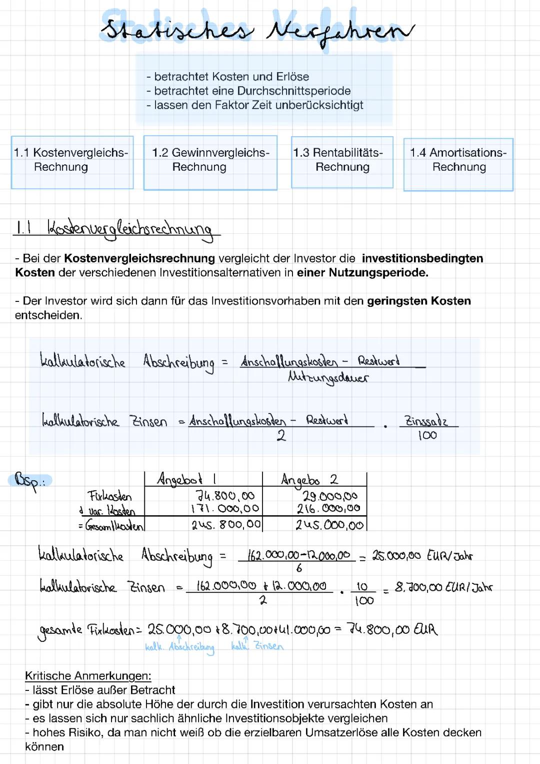 Investitionsrechnung -  statisches Verfahren