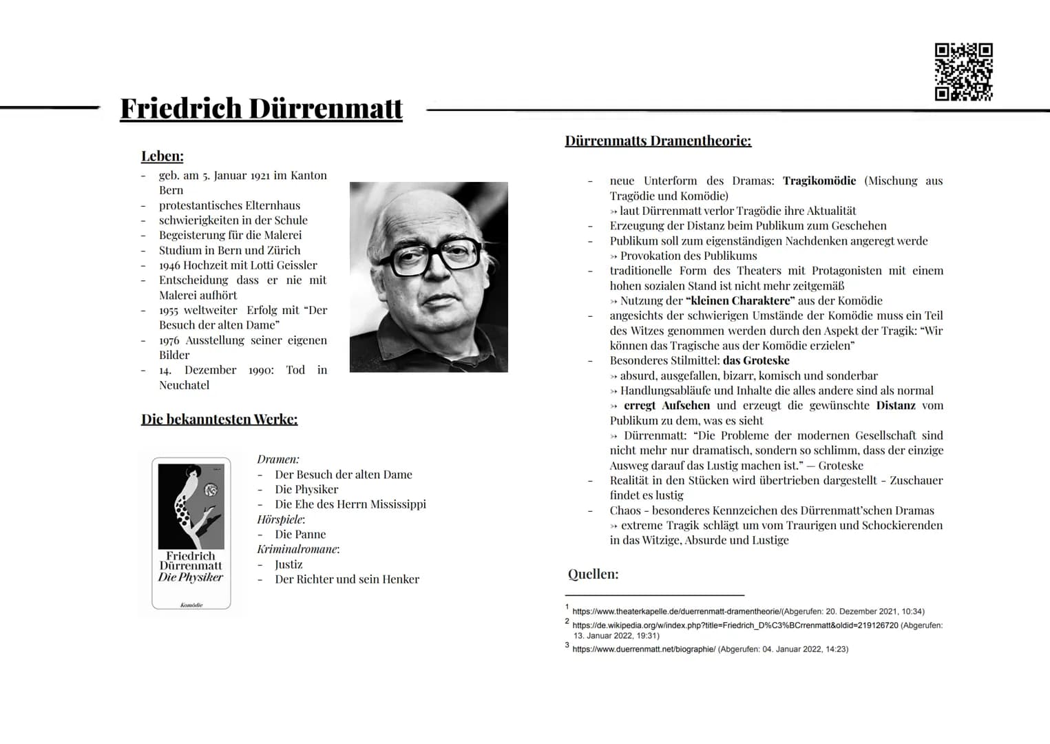 Friedrich Dürrenmatt
Leben:
geb. am 5. Januar 1921 im Kanton
Bern
protestantisches Elternhaus
schwierigkeiten in der Schule
Begeisterung für
