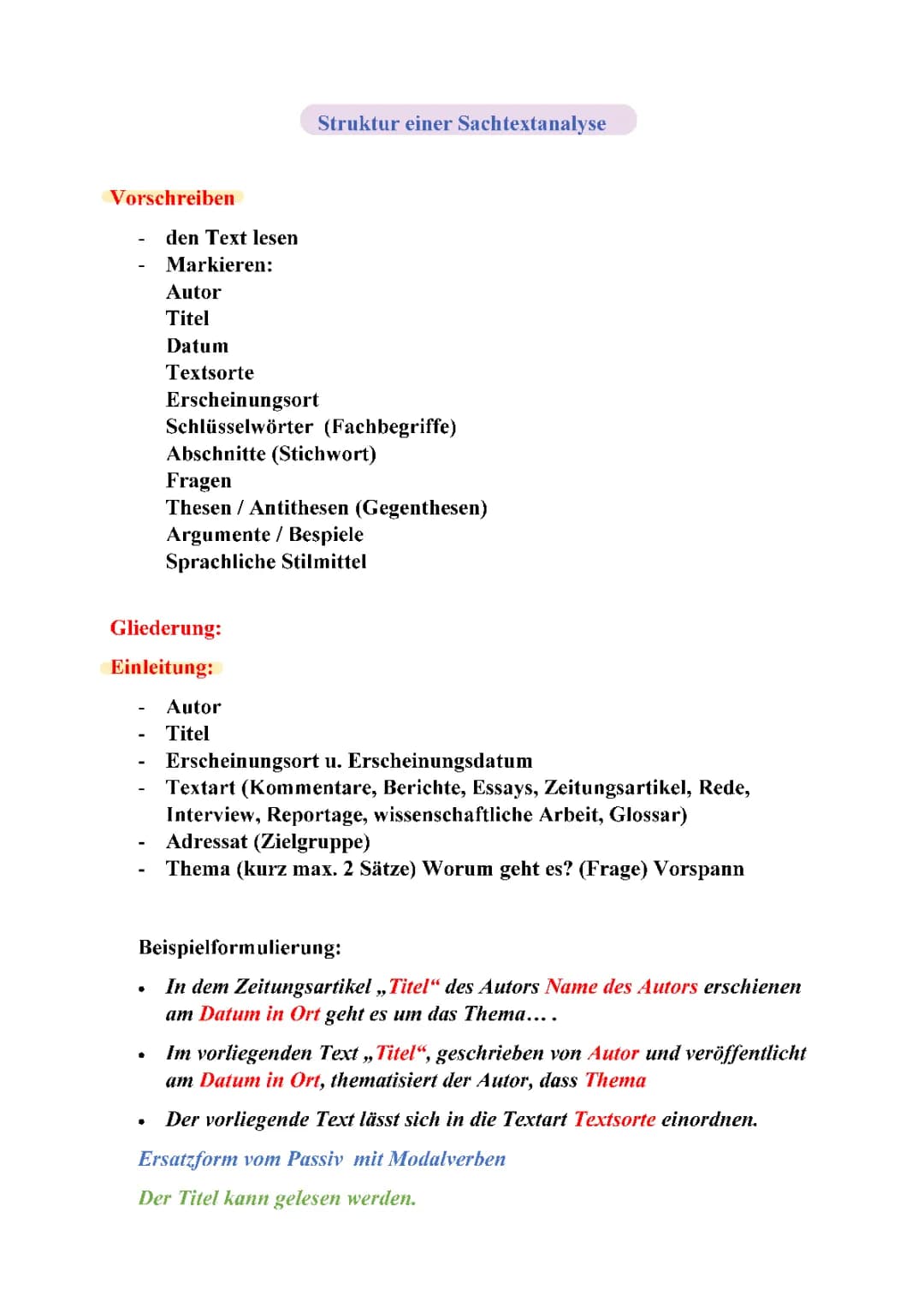 Struktur Sachtextanalyse mit Beispiel Formulierungen 