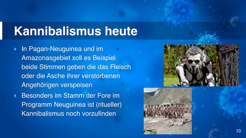 Kannibalismus
C Inhaltsangabe
▶ Begriffserläuterung
▸ Verschiedene Motive
▸ Tradition, Rituale, Religion
▸ Kannibalismus in Deutschland
▸ Ka