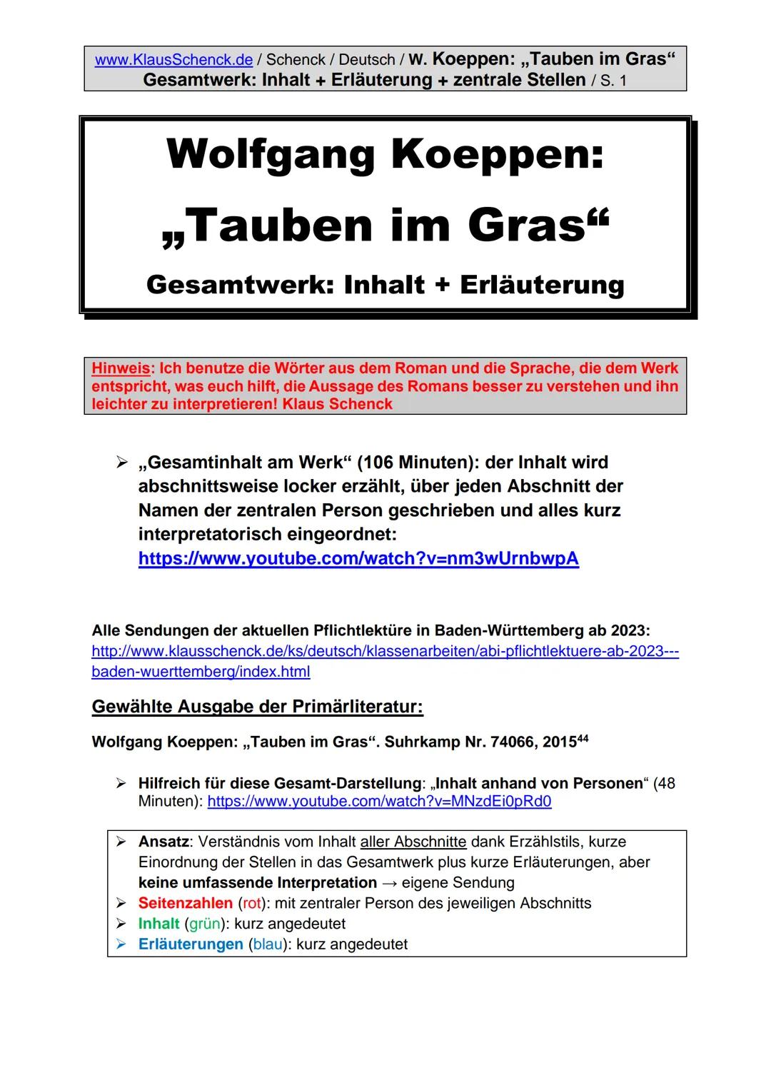 www.KlausSchenck.de / Schenck / Deutsch / W. Koeppen: „Tauben im Gras"
Gesamtwerk: Inhalt + Erläuterung + zentrale Stellen / S. 1

# Wolfgan