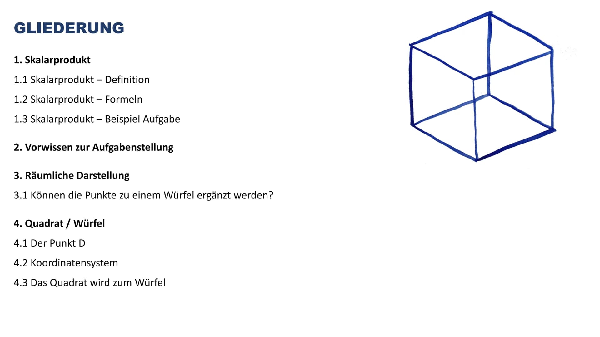 SKALARPRODUKT
Sasia El Bani
12c
PL - Mathematik GLIEDERUNG
1. Skalarprodukt
1.1 Skalarprodukt - Definition
1.2 Skalarprodukt - Formeln
1.3 S