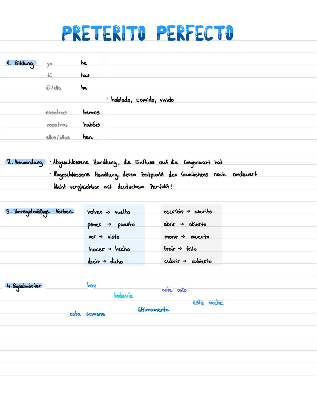 PRESENTE

1. Bildung
(=Präsens)

|        | hablar   | comer   | vivir   |
| :----- | :------- | :------- | :------ |
| yo     | hablo    | 