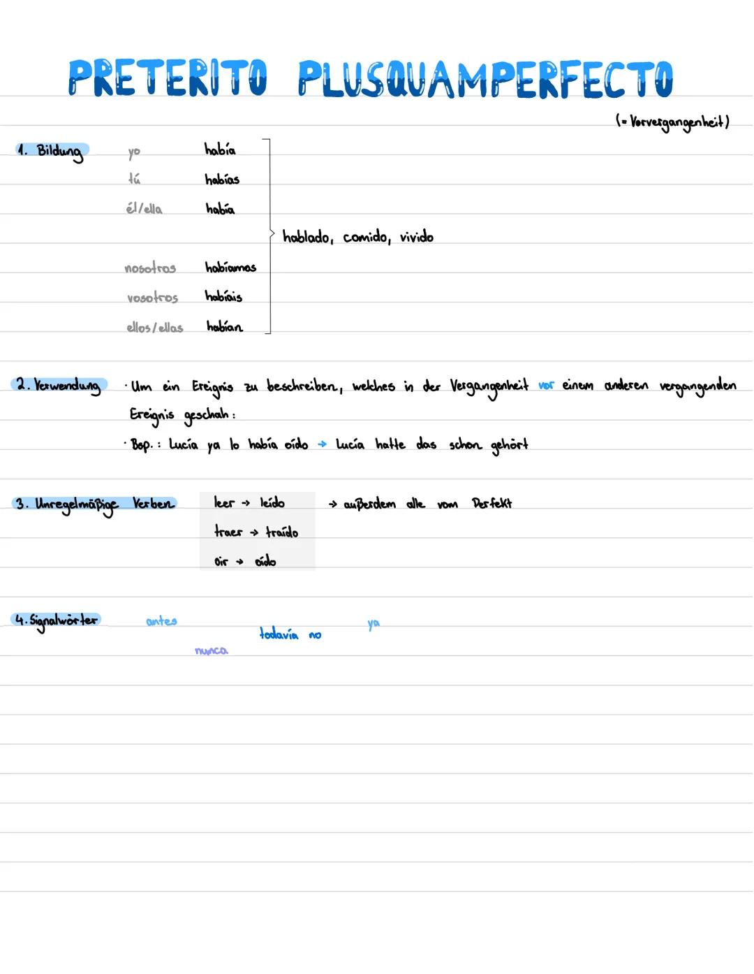 PRESENTE

1. Bildung
(=Präsens)

|        | hablar   | comer   | vivir   |
| :----- | :------- | :------- | :------ |
| yo     | hablo    | 