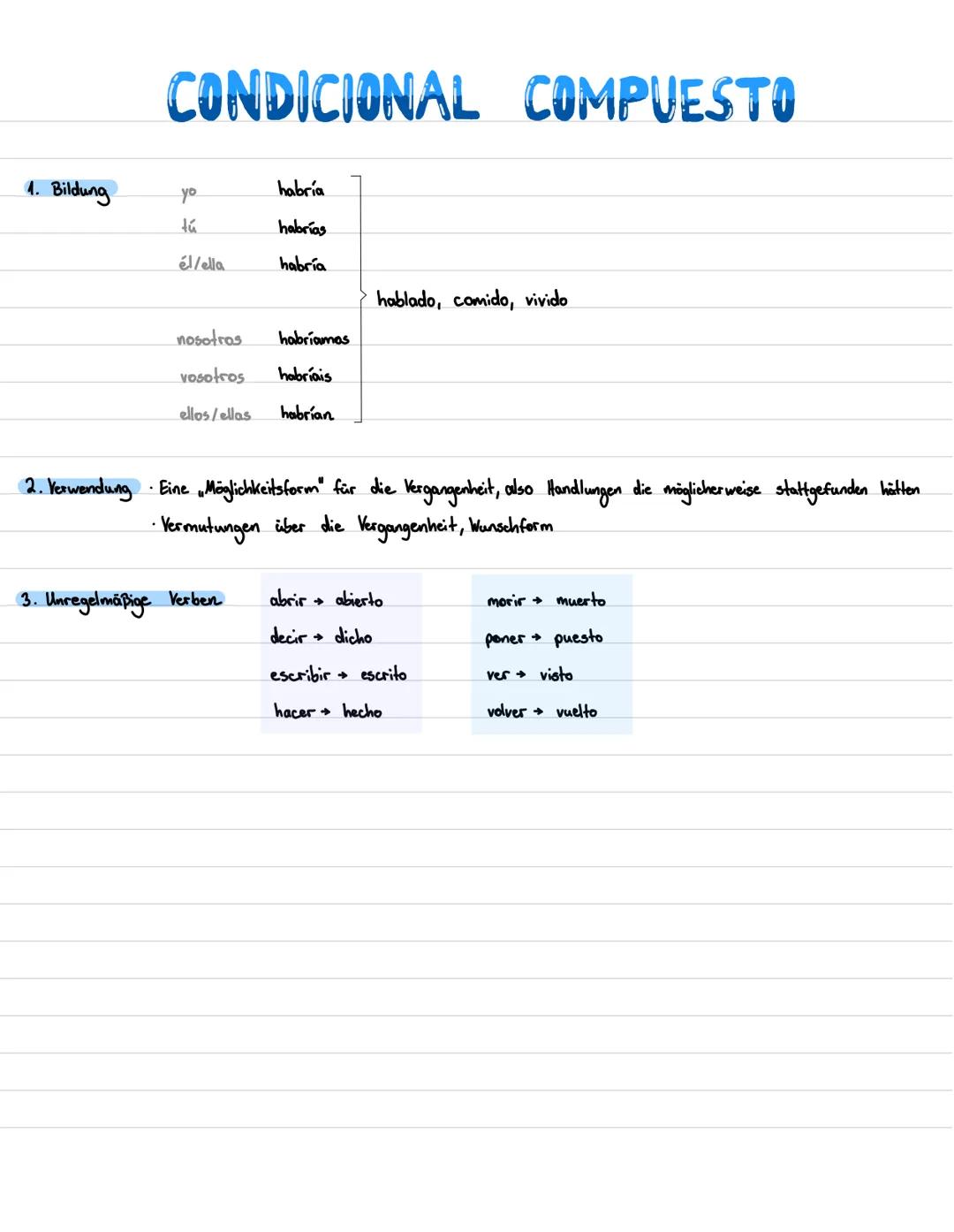 PRESENTE

1. Bildung
(=Präsens)

|        | hablar   | comer   | vivir   |
| :----- | :------- | :------- | :------ |
| yo     | hablo    | 