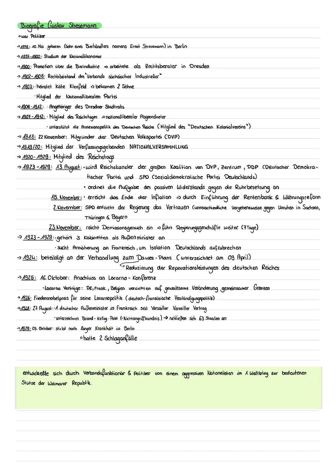 Biografie Gustav Stresemann
→war Politiker
→ 1878 10. Mai geboren (Sohn eines Bierhändlers namens Ernst Stresemann) in Berlin.
→1897-1900: S