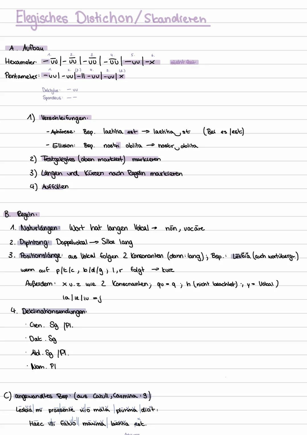 # Elegisches Distichon/Skandieren

## A. Aufbau

Hexameter: -$\overline{u}$|-$\overline{u}$|-$\overline{u}$|-$\overline{u}$|-$\overline{u}$|