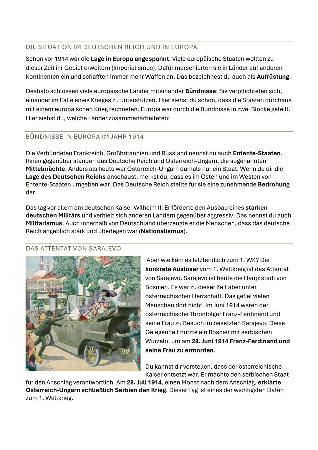 DER ERSTE WELTKRIEG
Der Erste Weltkrieg ging von 1914 bis 1918. Deutschland und Österreich-Ungarn kämpften gegen
Frankreich, Großbritannien,