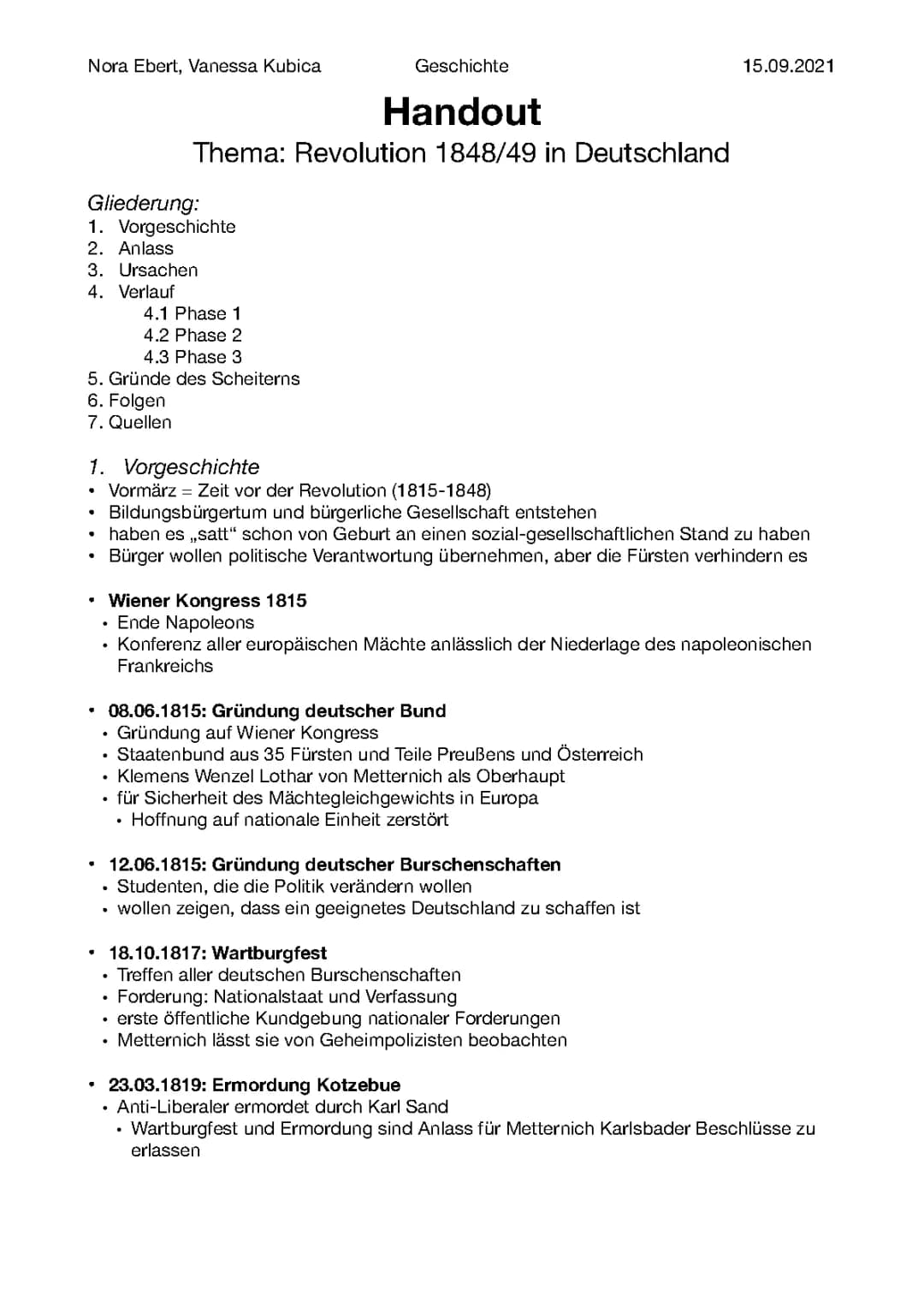 Handout Revolution 1848/49 in Deutschland
