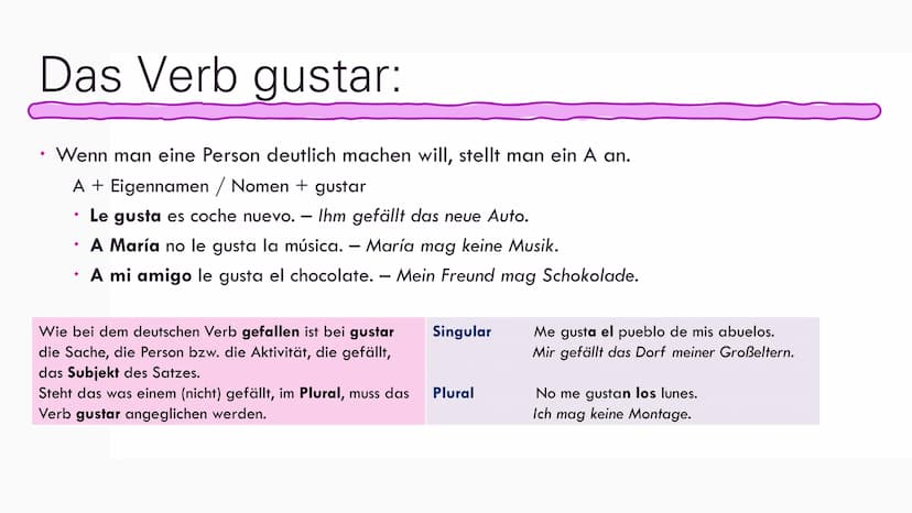 Das Verb gustar
El verbo gustar Das Verb gustar:
Me gusta... /Te gusta...
Wird mit Mir gefällt... / Dir gefällt... oder mit
Ich mag... / Du 