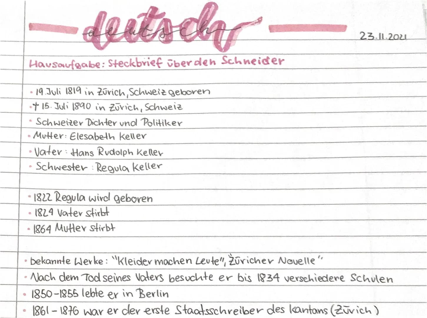 deat
duitschy
Hausaufgabe: Steckbrief über den Schneider
89
19. Juli 1819 in Zürich, Schweiz geboren
• 15. Juli 1890 in Zürich, Schweiz
Schw