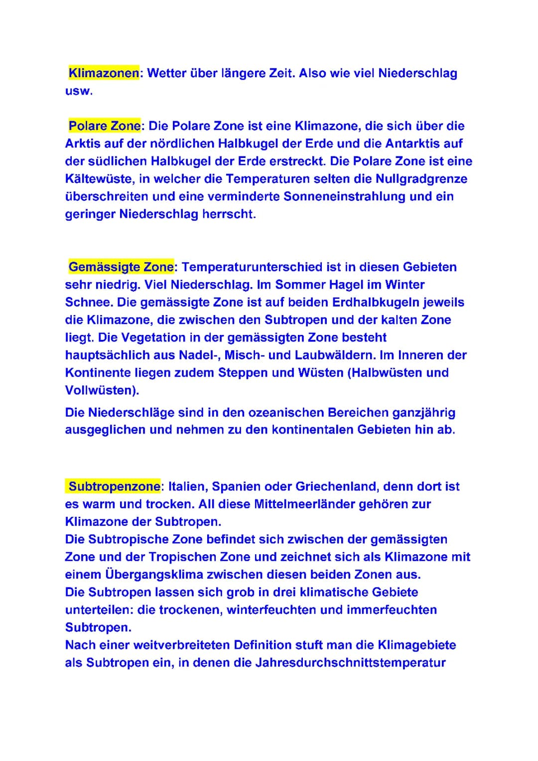 Klimazonen und Vegetationszonen für Kinder: Tabelle und Arbeitsblatt