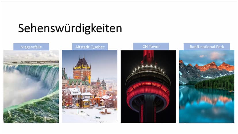 Kanada Gliederung
Allgemeine Fakten
Geographisch
Bevölkerung
• Geschichte
• Kultur
●
Politik & Wirtschaft
Sehenswürdigkeiten & Essen
• Zusat