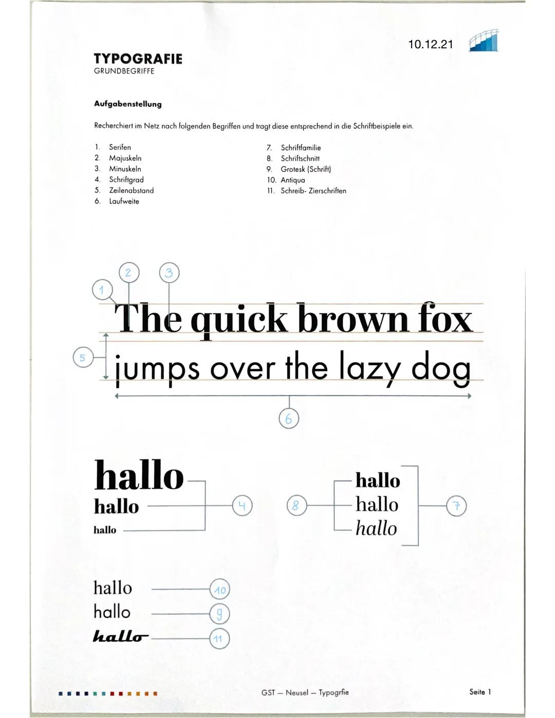 TYPOGRAFIE
GRUNDBEGRIFFE

10.12.21

Aufgabenstellung

Recherchiert im Netz nach folgenden Begriffen und tragt diese entsprechend in die Schr