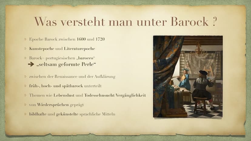 Die Epoche Barock
Ein Zeitalter der Gegensätzen, Inhaltsverzeichnis
Was versteht man unter Barock?- Folie 3
> Historischer Hintergrund -Foli