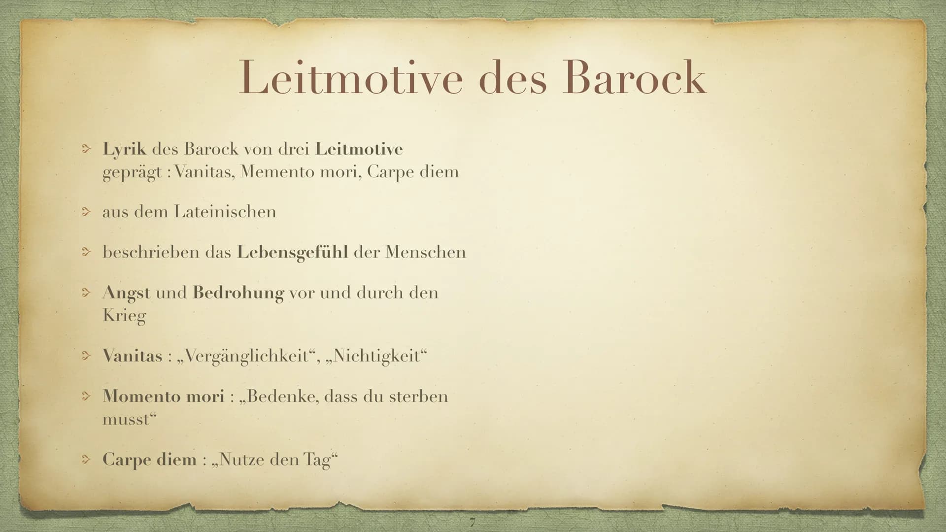 Die Epoche Barock
Ein Zeitalter der Gegensätzen, Inhaltsverzeichnis
Was versteht man unter Barock?- Folie 3
> Historischer Hintergrund -Foli