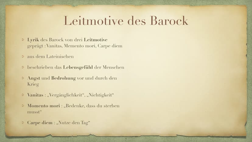 Die Epoche Barock
Ein Zeitalter der Gegensätzen, Inhaltsverzeichnis
Was versteht man unter Barock?- Folie 3
> Historischer Hintergrund -Foli