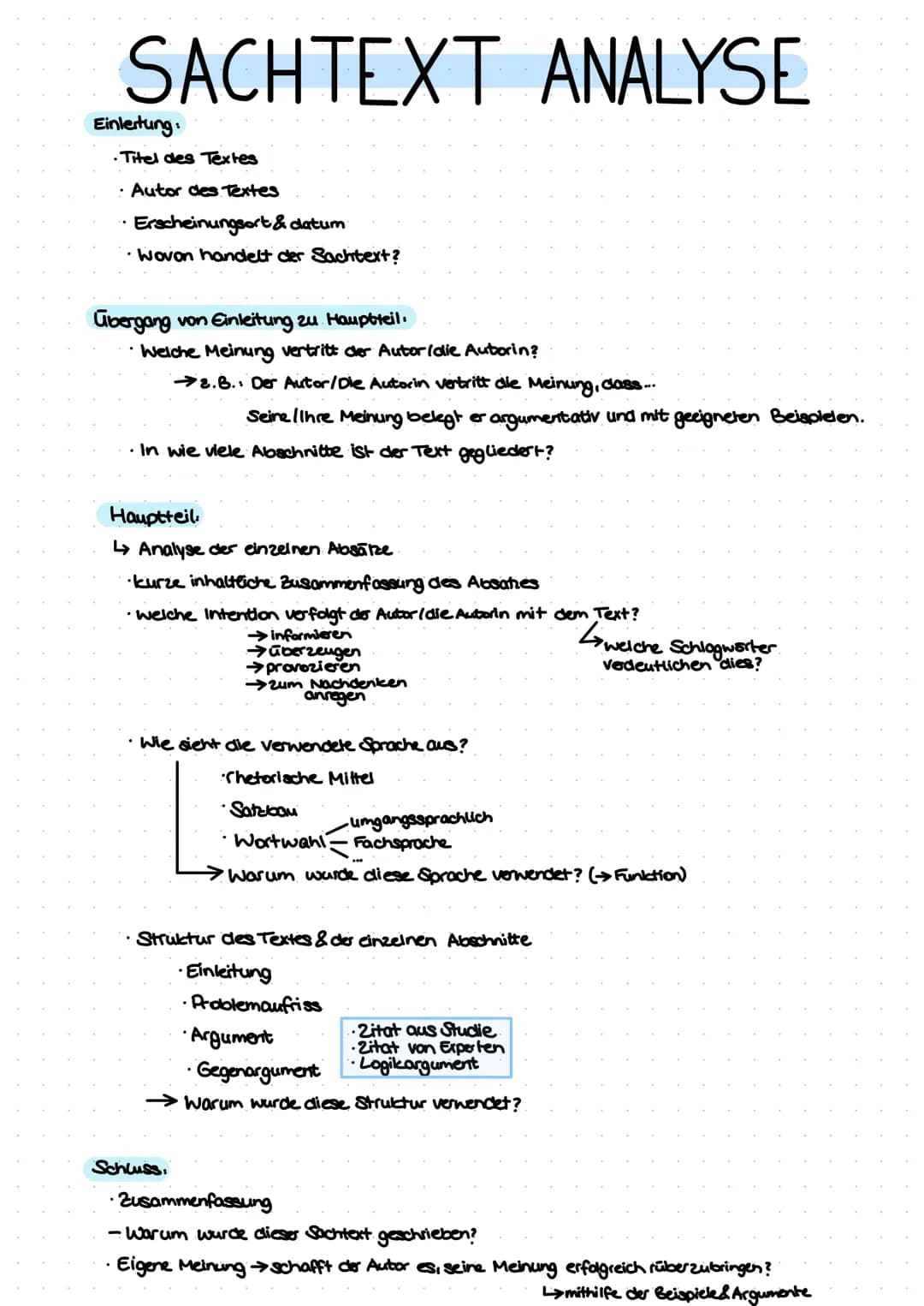 SACHTEXT ANALYSE
Einleitung:
• Titel des Textes
· Autor des Textes
· Erscheinungsort & datum.
wovon handelt der Sachtext?
Übergang von Einle