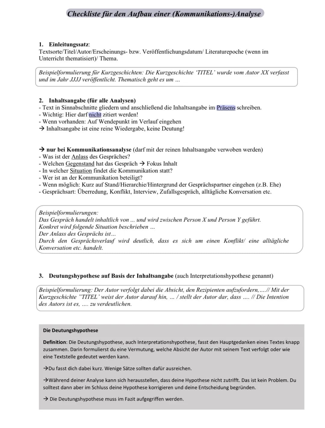 Checkliste für den Aufbau einer (Kommunikations-)Analyse
1. Einleitungssatz:
Textsorte/Titel/Autor/Erscheinungs- bzw. Veröffentlichungsdatum
