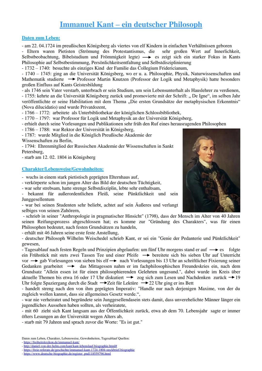 Immanuel Kant - ein deutscher Philosoph
Daten zum Leben:
- am 22.04.1724 im preußischen Königsberg als viertes von elf Kindern in einfachen 