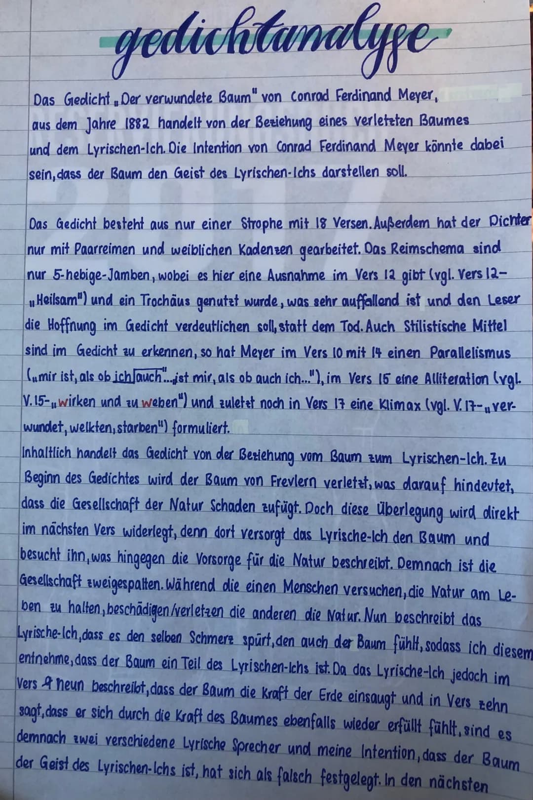 gedichtanalyse
Das Gedicht Der verwundete Baum" von Conrad Ferdinand Meyer,
aus dem Jahre 1882 handelt von der Beziehung eines verletzten Ba