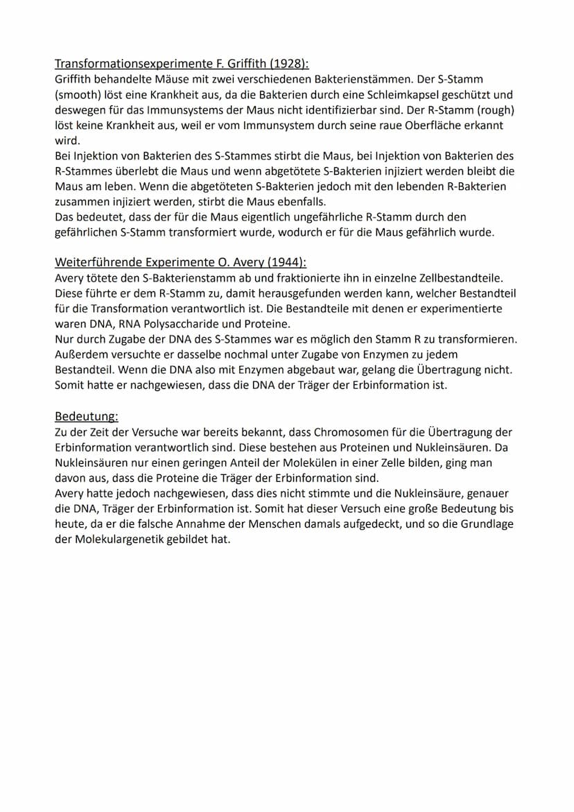 Die Versuche von Griffith und Avery:
Transformationsexperimente F. Griffith (1928)
lebende
S-Zellen
FOOD
Agarplatten
aus dem DNA
Stamm S
gew