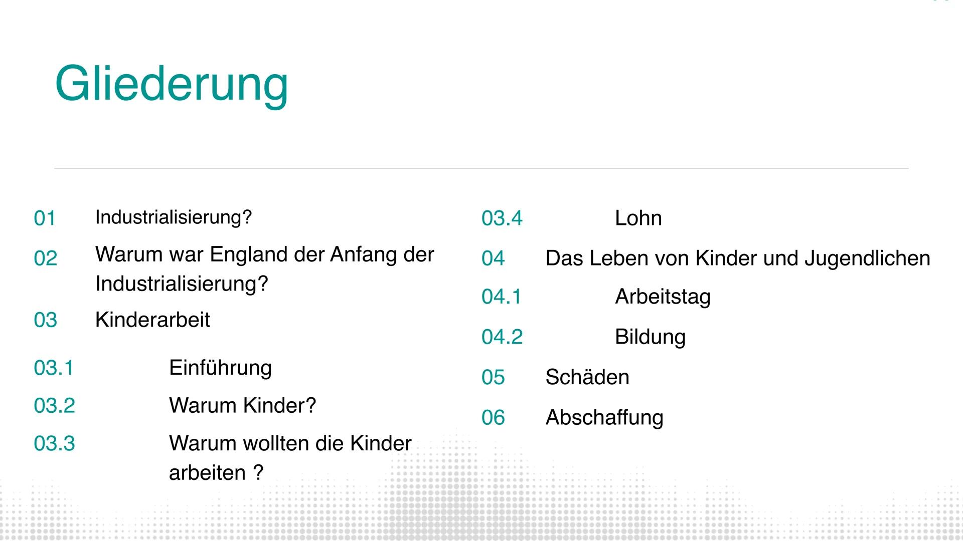 Tale
Kinder und
und
Jugendliche während
der Industrialisierung
Eine PowerPoint Präsentation von Mia, Julia & Hanna Gliederung
01
02
Industri