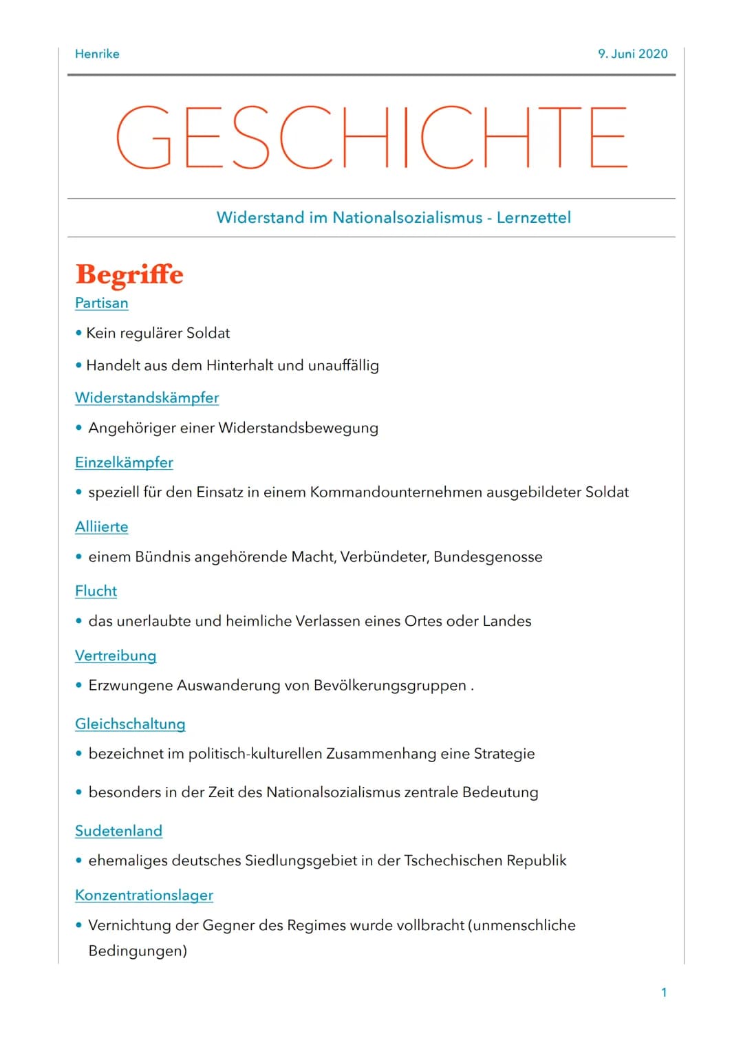Henrike
Begriffe
Partisan
• Kein regulärer Soldat
• Handelt aus dem Hinterhalt und unauffällig
Widerstandskämpfer
Angehöriger einer Widersta