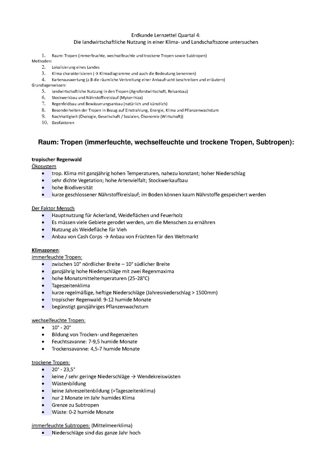 Lernzettel landwirtschaftliche Nutzung der Tropen