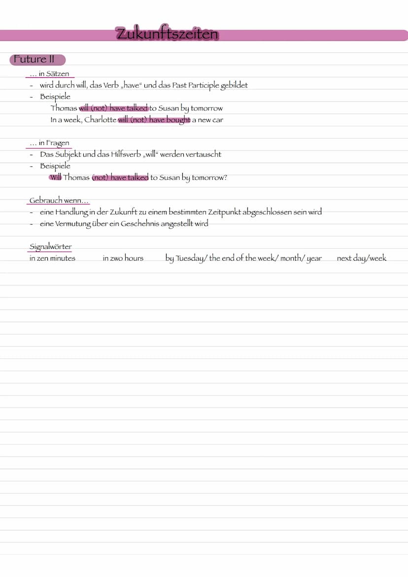 Grammatik Present Perfect Progressive
... in bejahten Sätzen
durch die konjugierte Form von „to have" im present, das Past Participle von „t