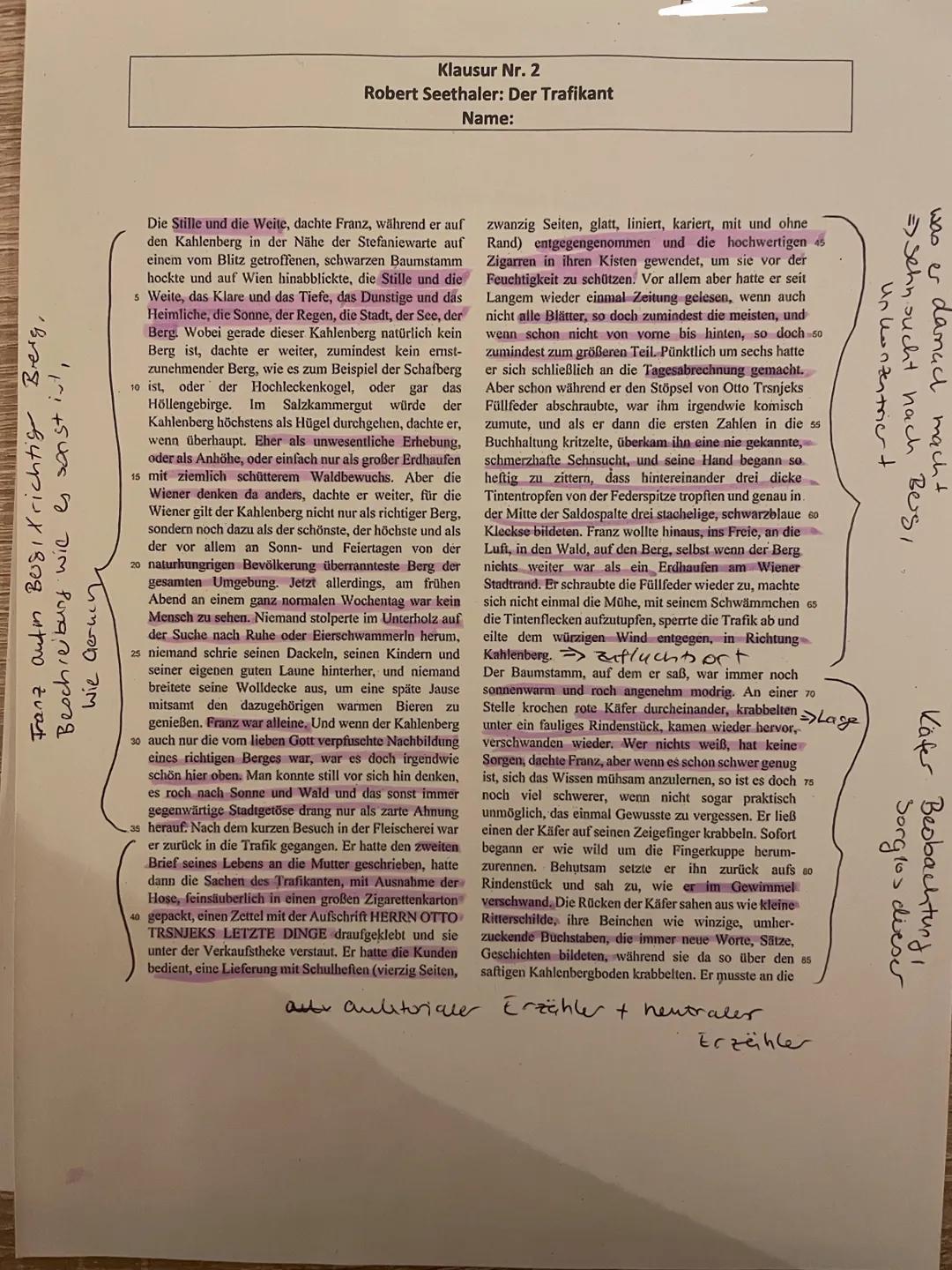 Name:
Der Trafikant - Klausur
Thema der Unterrichtsreihe: Robert Seethaler ,,Der Trafikant"
Aufgaben
1. Analysieren Sie den Textauszug aus R