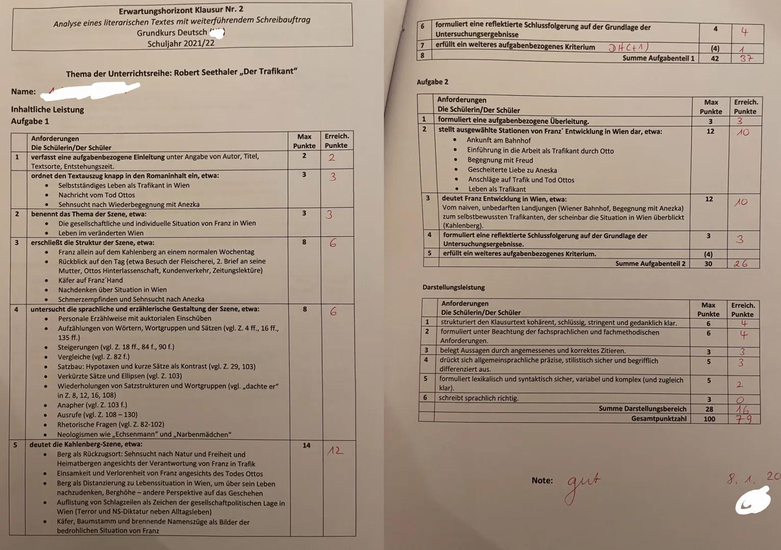 Name:
Der Trafikant - Klausur
Thema der Unterrichtsreihe: Robert Seethaler ,,Der Trafikant"
Aufgaben
1. Analysieren Sie den Textauszug aus R