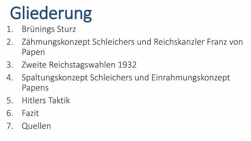 Hitlers Machtergreifung
Zähmen,entzaubern, spalten, einrahmen - Wie Hitler
beikommen? Gliederung
1. Brünings Sturz
2. Zähmungskonzept Schlei