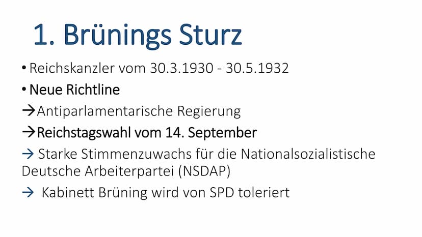 Hitlers Machtergreifung
Zähmen,entzaubern, spalten, einrahmen - Wie Hitler
beikommen? Gliederung
1. Brünings Sturz
2. Zähmungskonzept Schlei